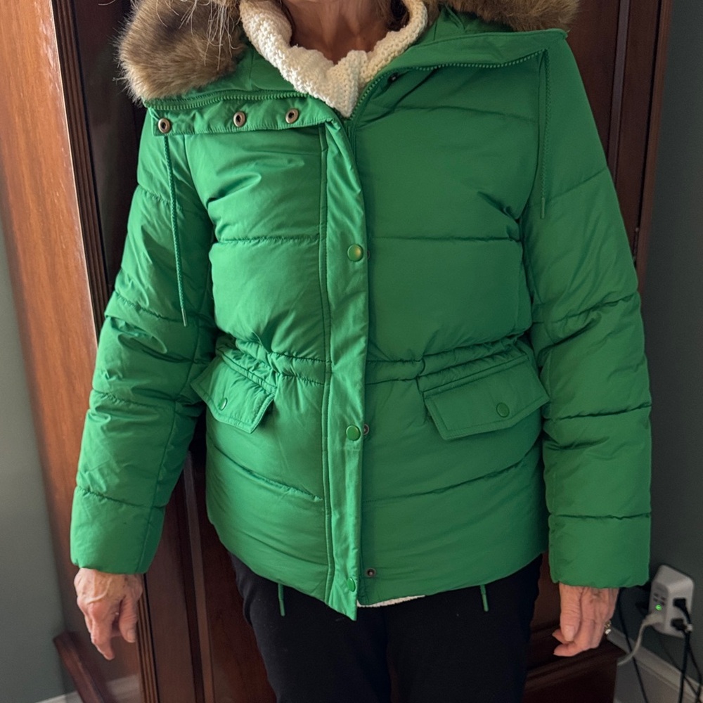 Talbots Green Puffer Jacket with Faux Fur Collar